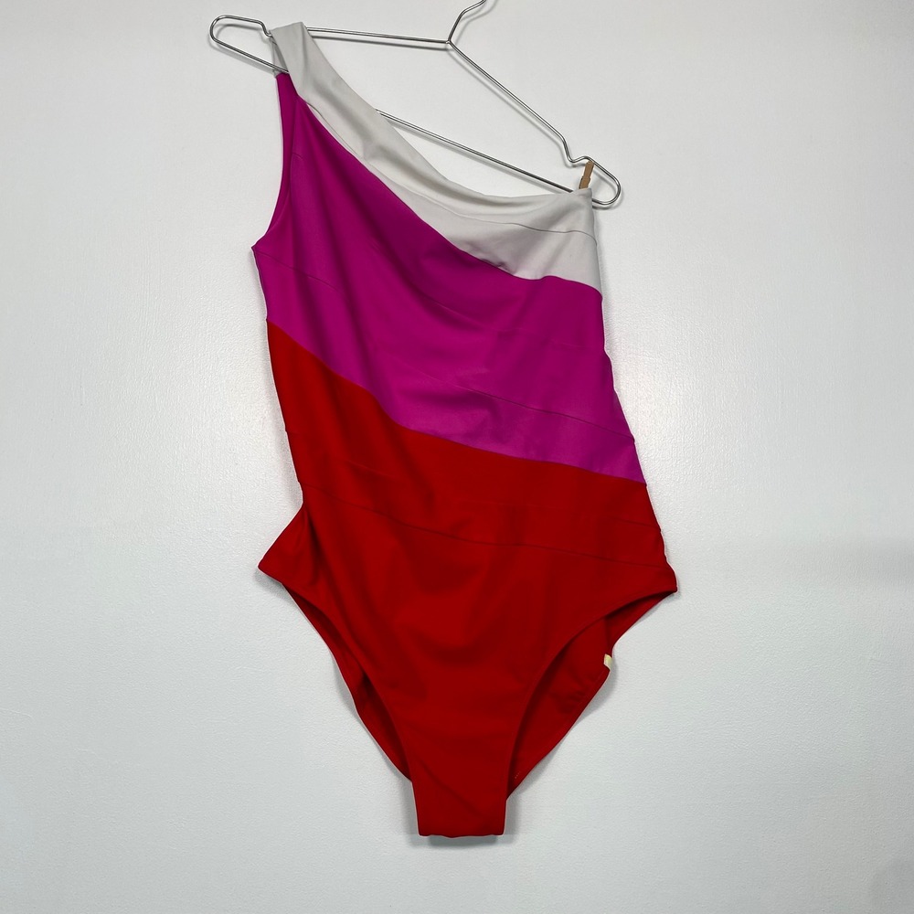 Summersalt Women Swimsuit 14 Red Pink White Colorblock One Shoulder Sidestroke